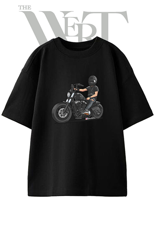 Biker Drawing Design Printed Unisex Black Oversize T-Shirt