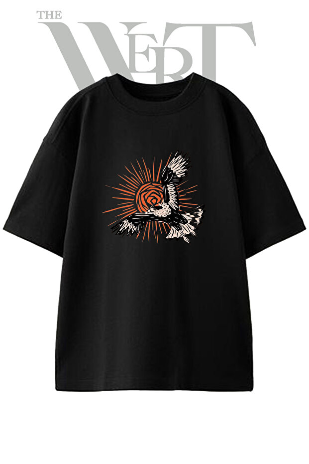 Flying Eagle Design Printed Unisex Black Oversize T-Shirt