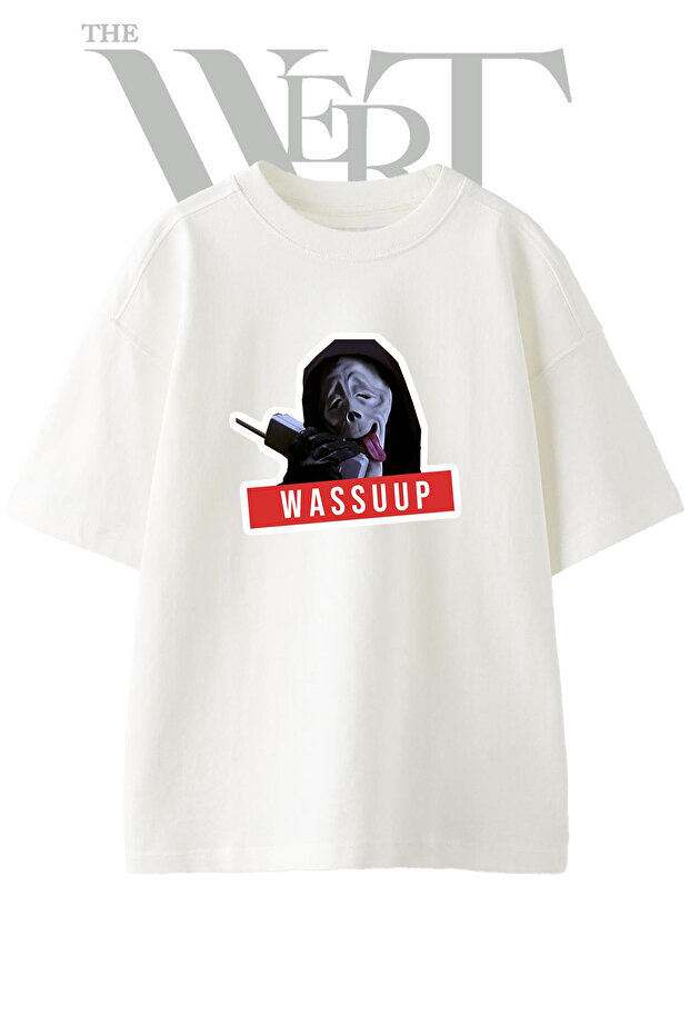 تي شيرت أبيض كبير الحجم مطبوع بتصميم Wassuup Meme للجنسين
