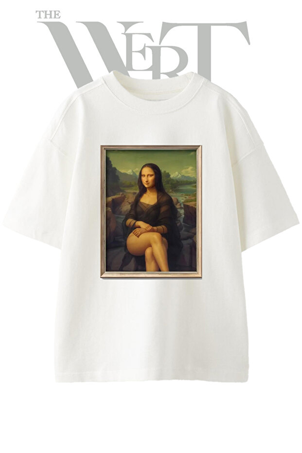Mona Lisa Design Printed Unisex White Oversize T-Shirt
