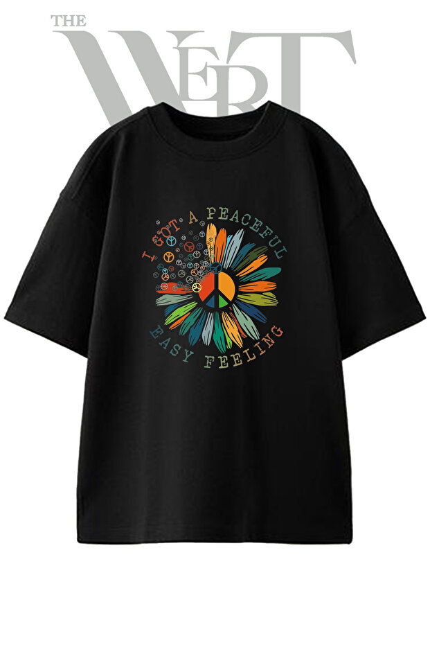Peace Flower Design Printed Unisex Black Oversize T-Shirt