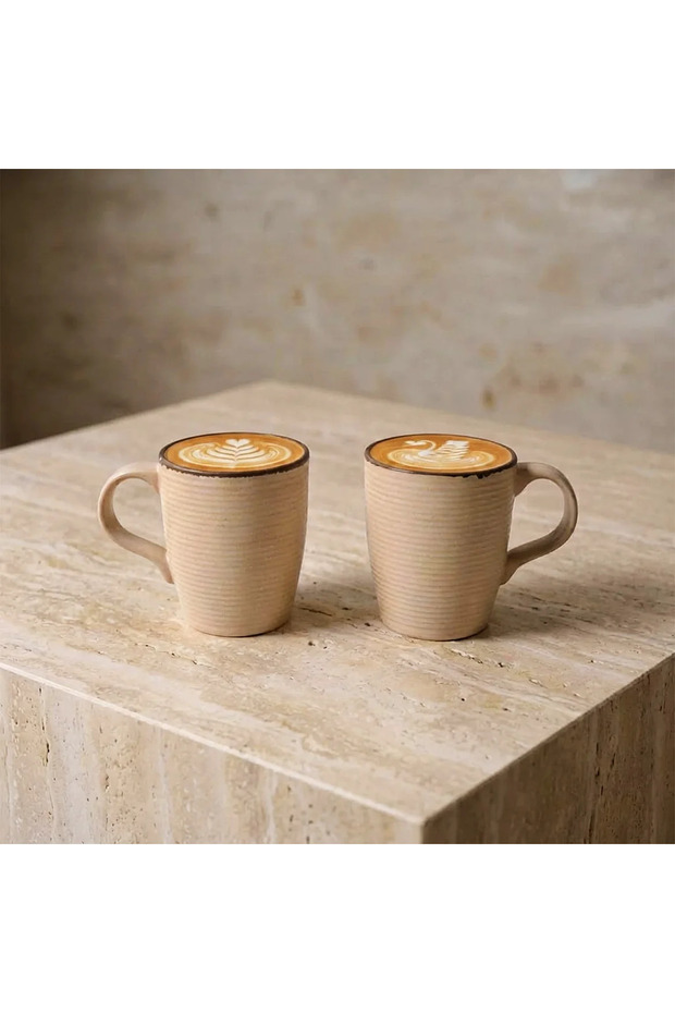 Beige Relief Patterned Set of 2 Porcelain Mugs