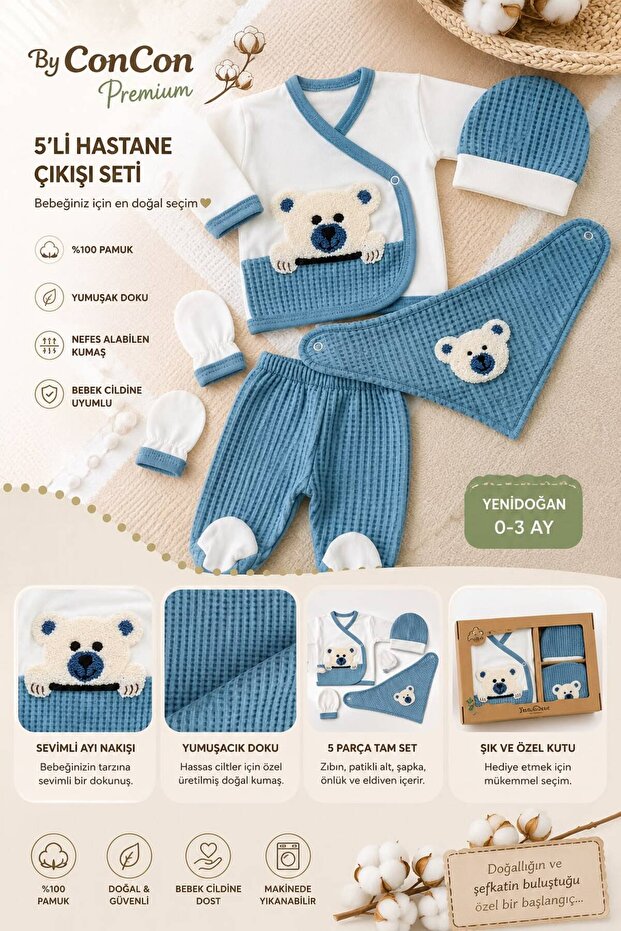 5 Piece Newborn Baby Hospital Discharge Set with Teddy Bear Pattern Boxed