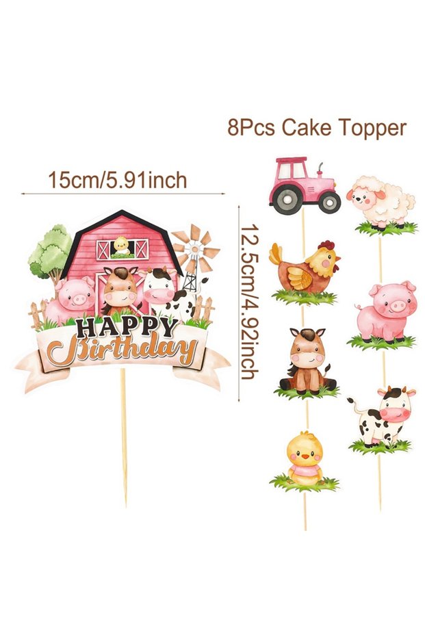 8pcs Farm Animal Happy Birthday Cake Toppers for Farm Animal Theme Jungle Birthday Party Cake Decora