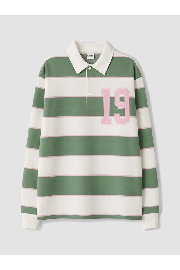 Lcw Kids Green Polo Neck Striped Girl's T-Shirt