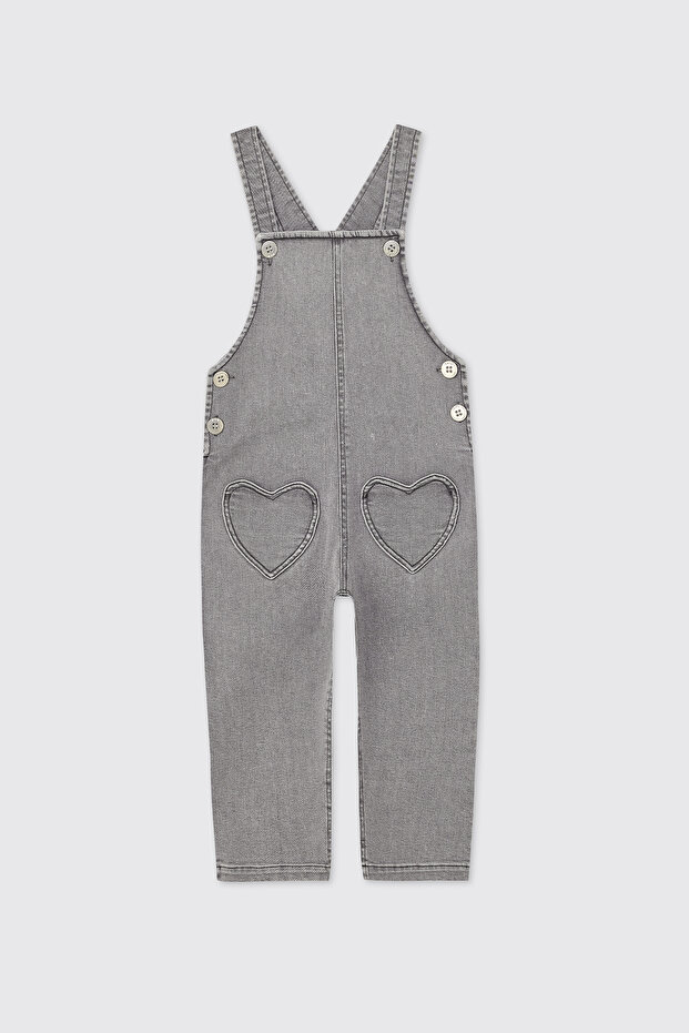 Baby Girl Square Collar Floral Detailed Gray Salopet