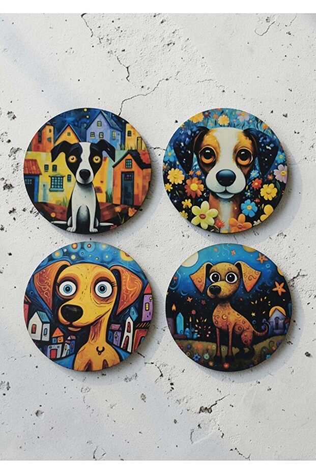 Pop Art Dog Patterned Decorative Wooden Coaster Diameter 10 cm
