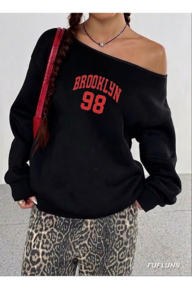 Brooklyn 98 Printed Oversized Women's Boat Neck Sweatshirt