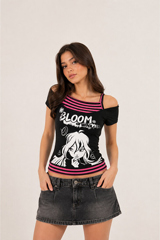 Black Winx Club Bloom Y2K Short Sleeve Crop with Additional Straps