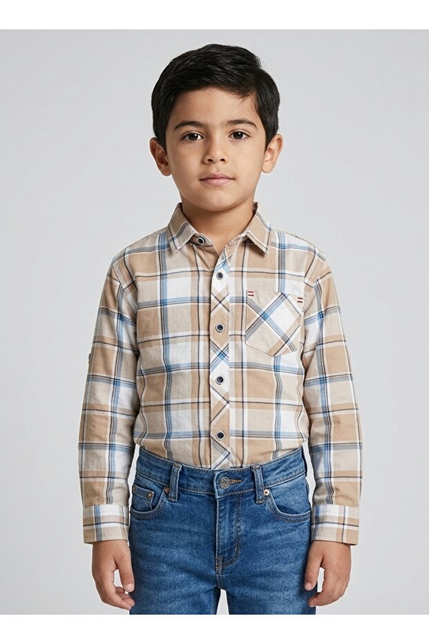 Boys Beige Checkered Long Sleeve Shirt