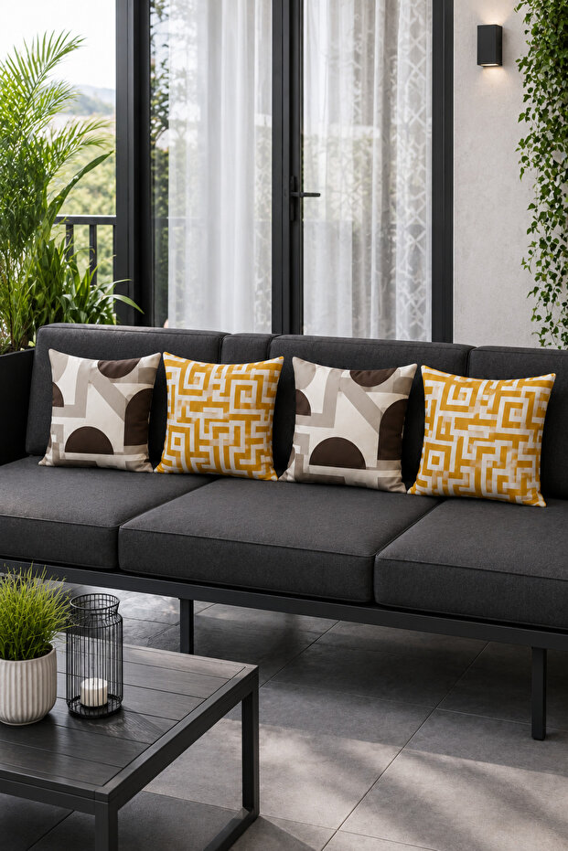 Mustard Yellow Brown Geometric Modern Set of 4 Decorative Throw Pillow Covers 43X43 cm