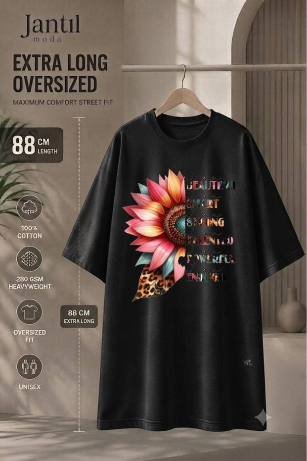 Crew Neck Half Sunflower and Motivational Quotes Printed Extra Long Oversize Tunic T-Shirt Short Sleeve