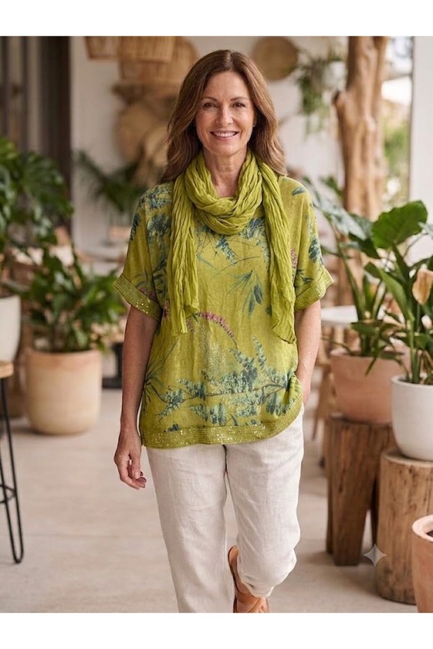 Women's Italian Bali Patterned Loose Blouse with Sequin Detail on Sleeves and Hem, and Scarf