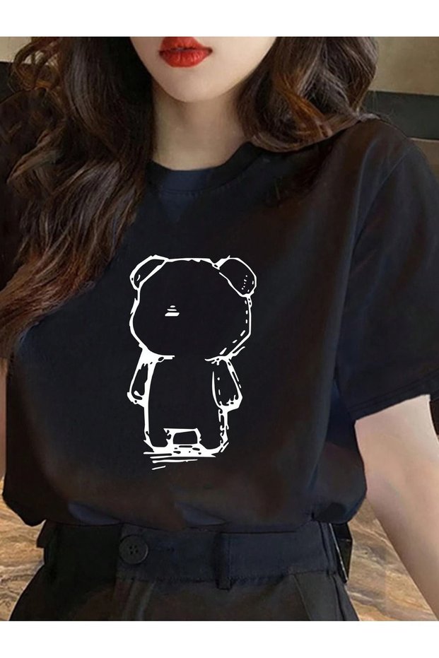Women's Black Linear Bear Printed Oversize T-Shirt