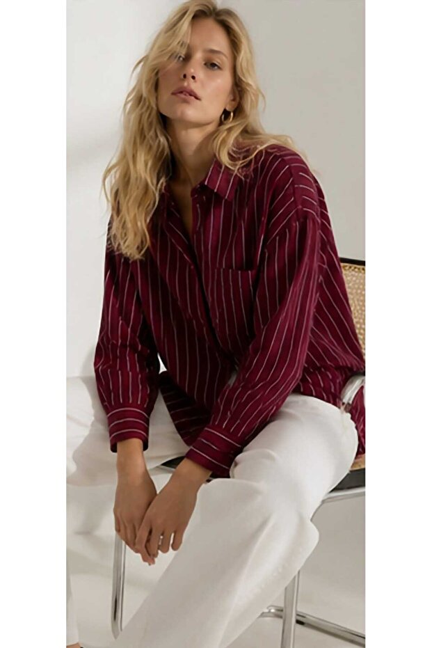 Women's Striped Oversize Casual Shirt Standard Size Compatible with Sizes up to XL