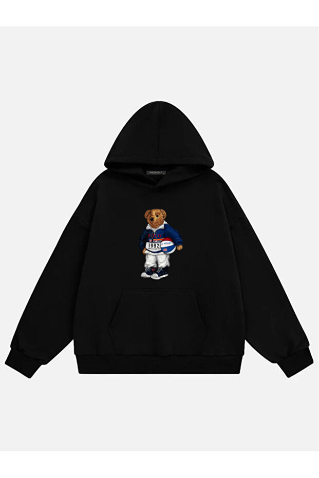 Unisex College Bear Printed Hooded Fleece Oversized Sweatshirt
