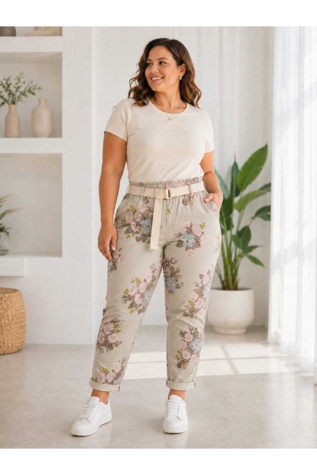 Women's Floral Patterned Elastic Waist Belt Detailed Lycra Comfortable Fit Italian Trousers
