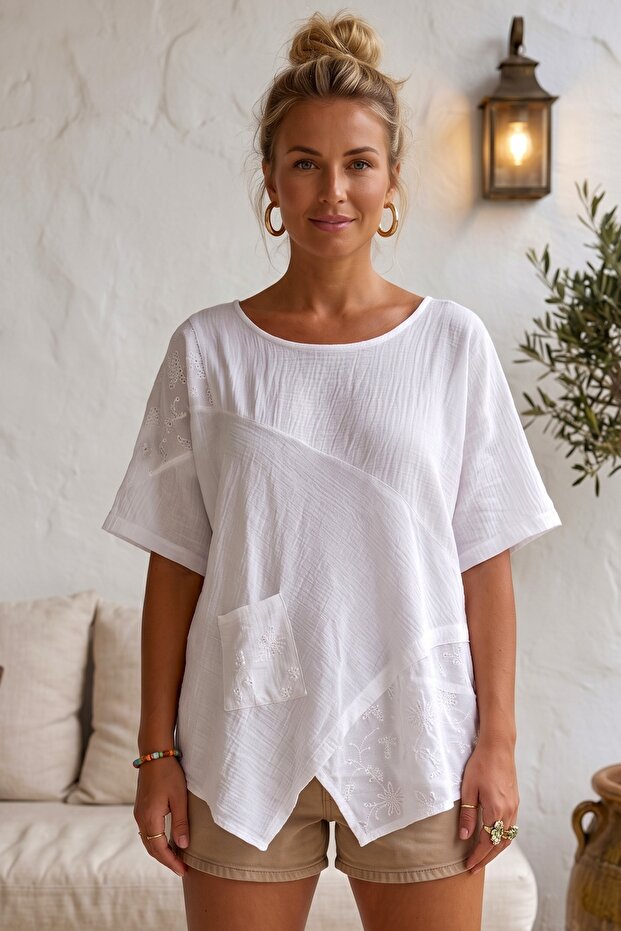 White Pool Collar Short Sleeve Pocketed Embroidered Casual Cotton Asymmetrical Woven Blouse 70 65