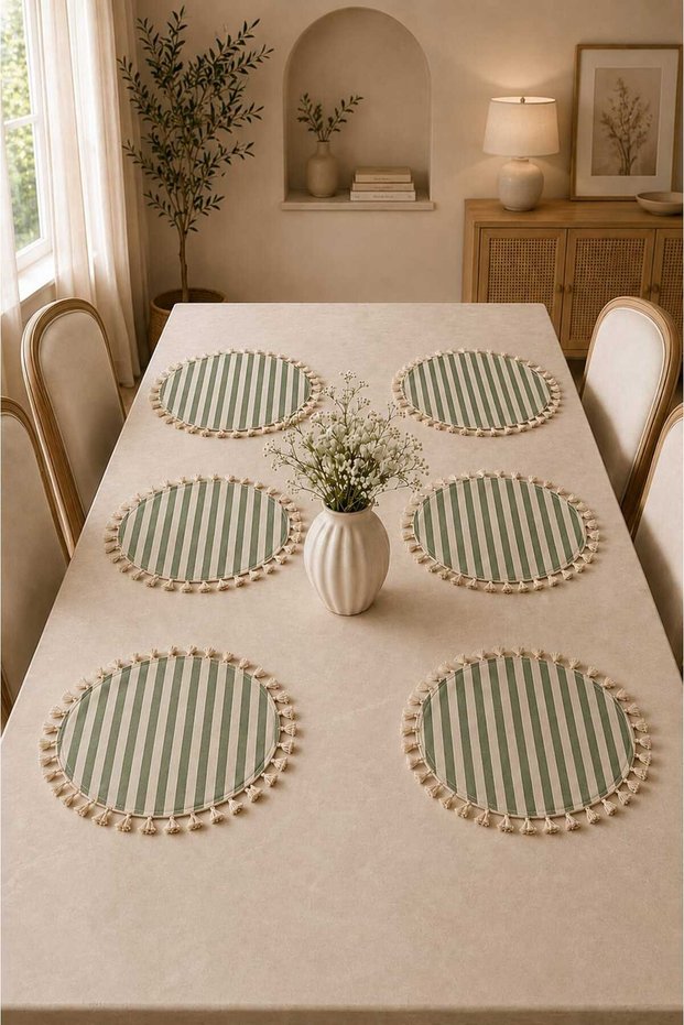 Round 6-Piece Striped Green Tasseled Placemat American Service Set - Vintage Bohemian Table Decor