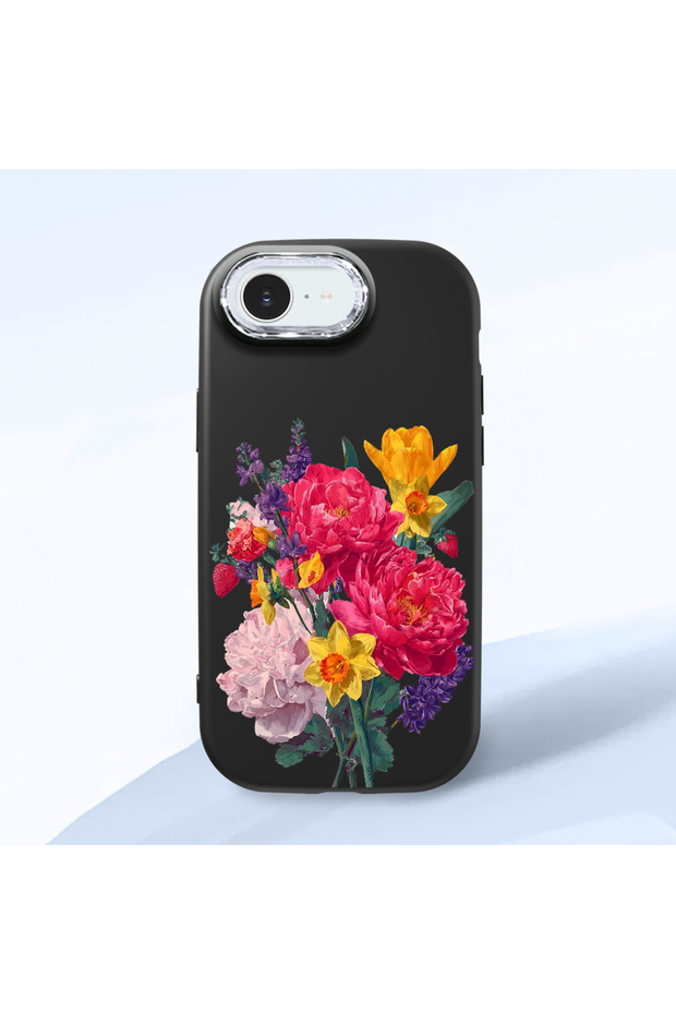 iPhone 17E Compatible Case Camera Protector Black Silicone Couple Phone Case with Floral Pattern