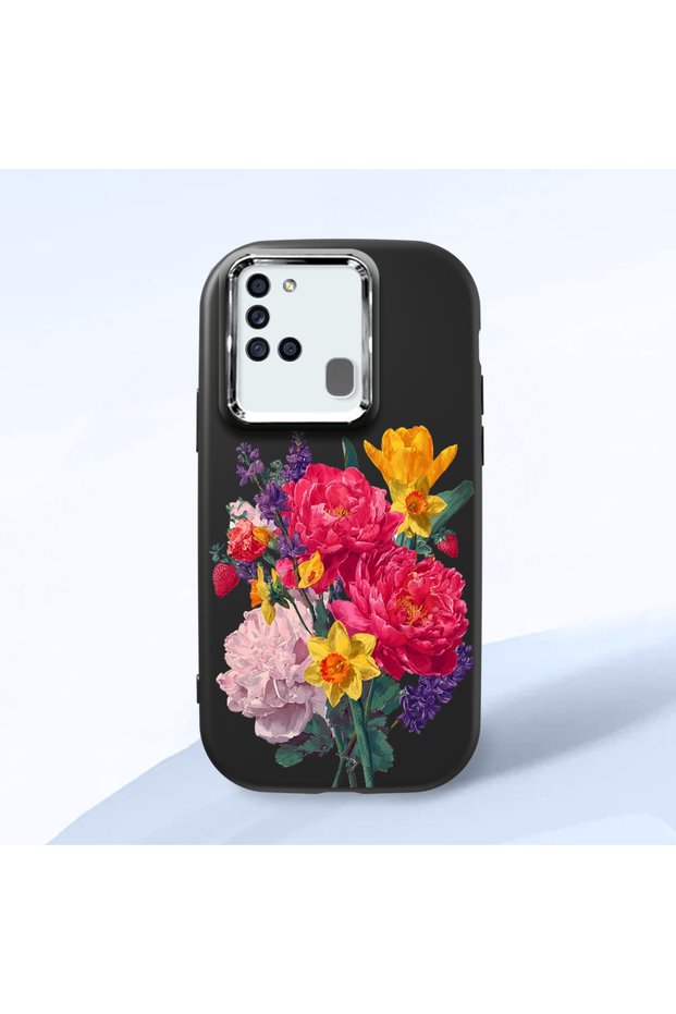 Samsung Galaxy A21S Compatible Case Camera Protector Black Silicone Couple Phone Case Floral Pattern