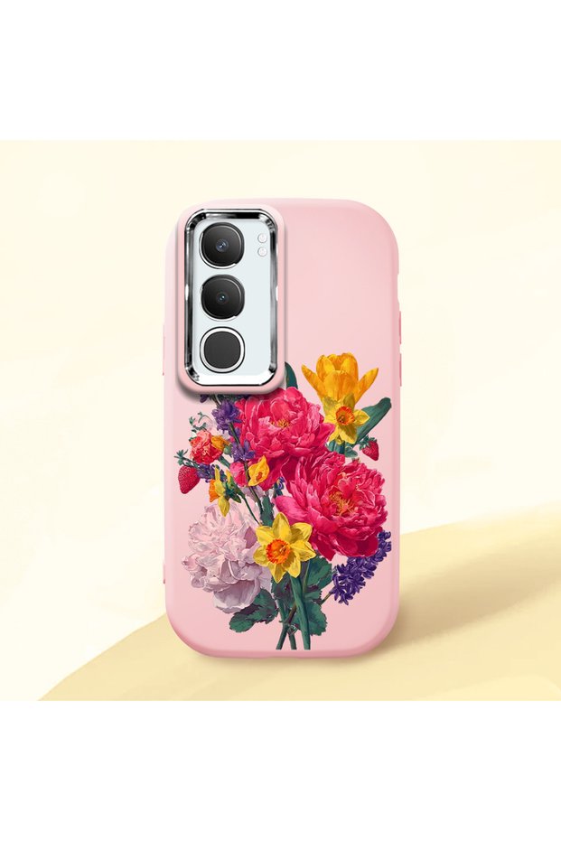 Vivo Y19S Compatible Case Camera Protector Pink Silicone Couple Phone Case with Floral Pattern