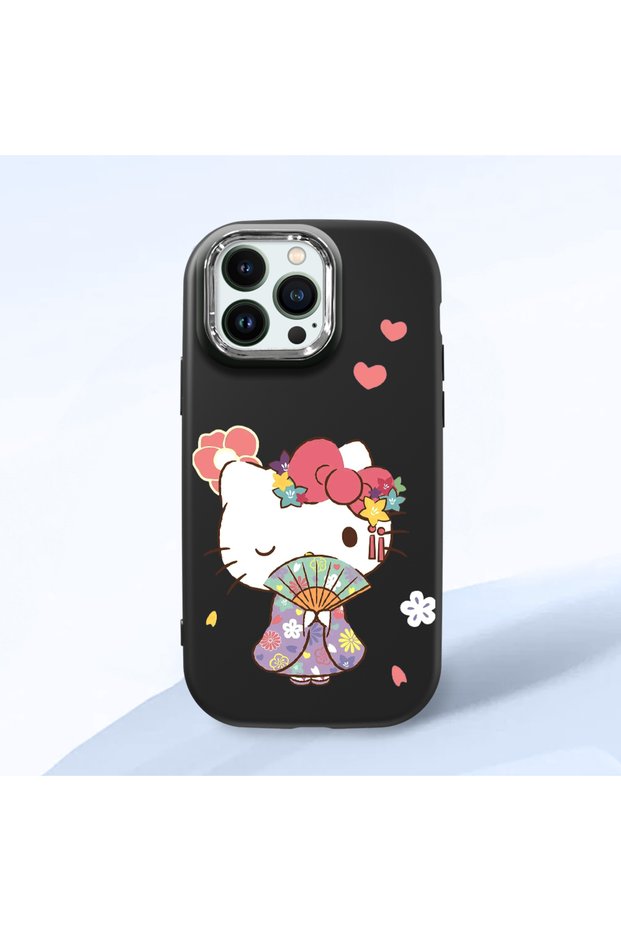 iPhone 14 Pro Compatible Case with Camera Protector Black Silicone Couple Phone Case with Kitty Pattern