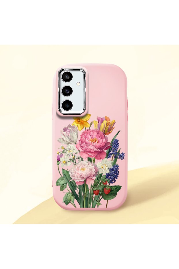Samsung Galaxy S23 Fe Compatible Case with Camera Protection Pink Silicone Couple Phone Case with Floral Pattern