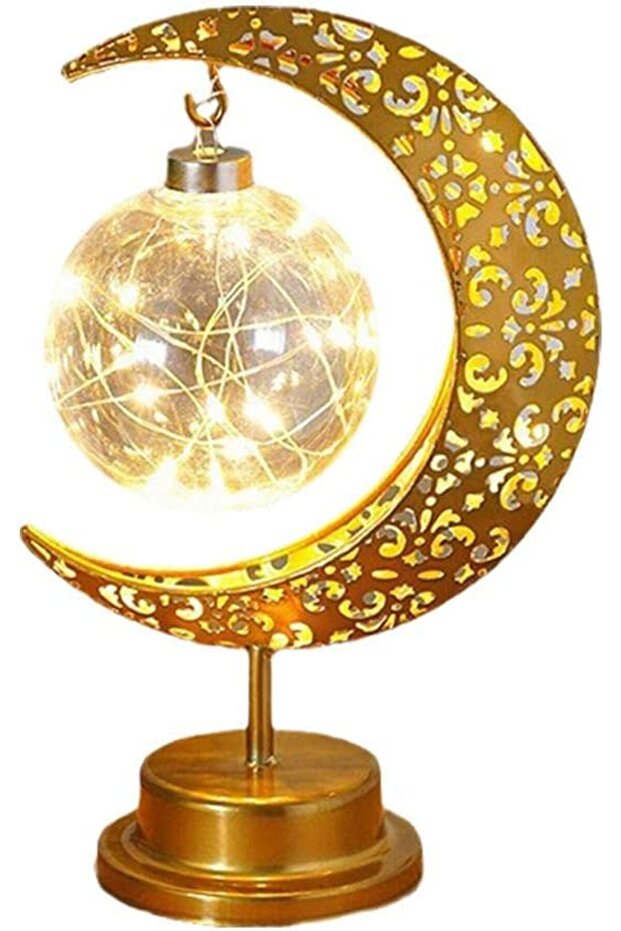 مصباح ليلي لرمضان والعيد، مصباح LED ذهبي على شكل هلال رمضان للزينة، مصباح طاولة على شكل هلال ونجمة للمسلمين