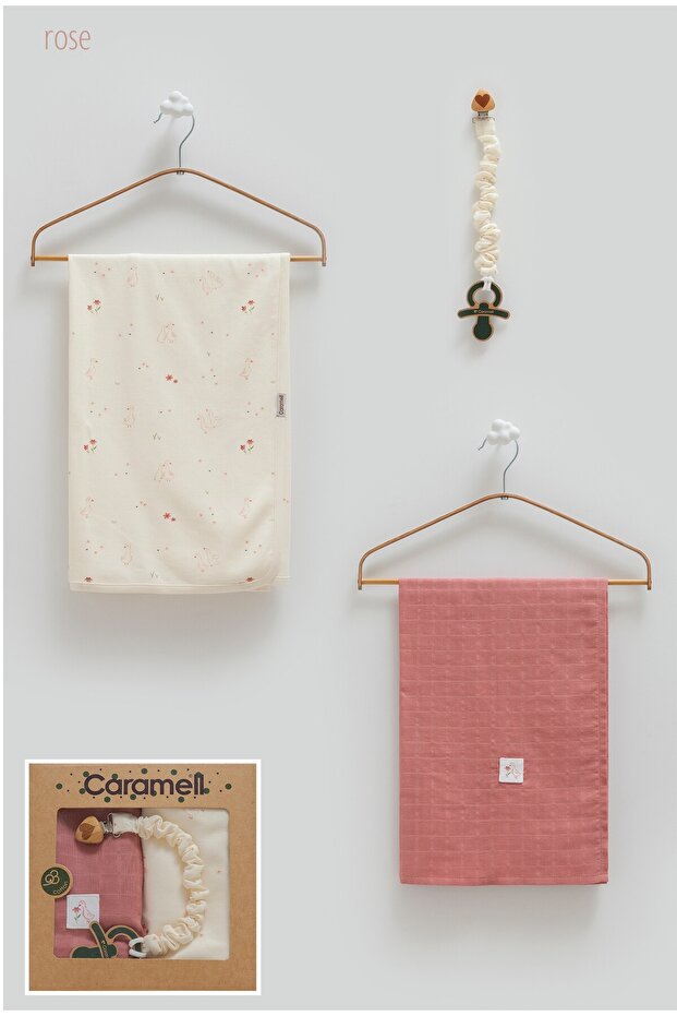 100% Cotton Baby Set of 3 80-90cm 1 Muslin Blanket + 1 Combed Cotton Blanket + Pacifier Strap Boxed
