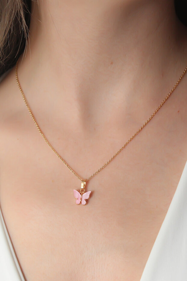 Gold Pink Color Butterfly Figure Women's Necklace