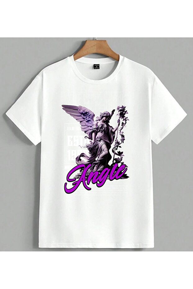 Amulle Angel Purple Flower Printed Unisex Oversize T-Shirt White