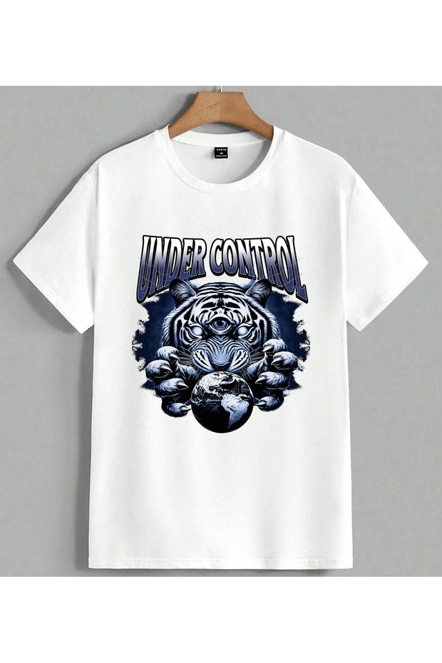 Under Control Tiger Print Printed Unisex Oversize T-Shirt White