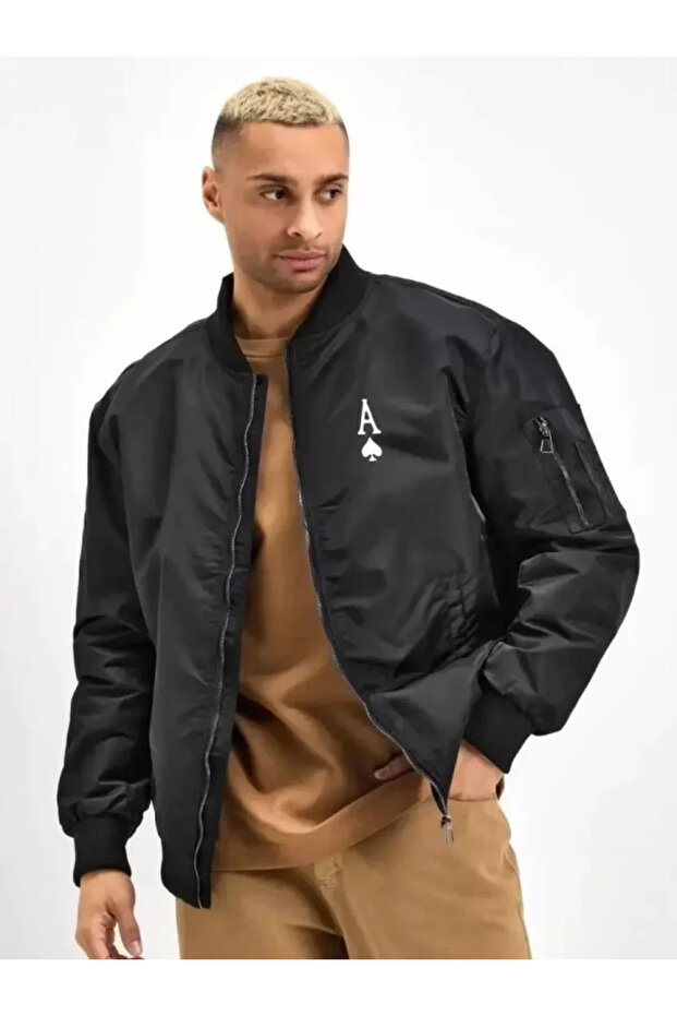 Unisex Long Sleeve Printed Bomber Jacket - Black
