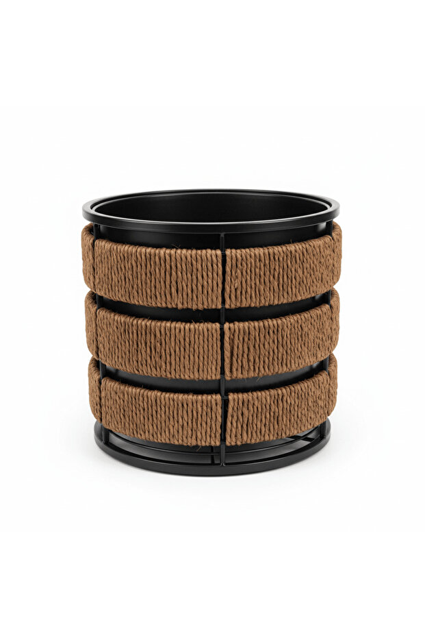 Brown & Black Round Planter Pot with Seagrass Weave & Black Metal Frame - 26×26 cm