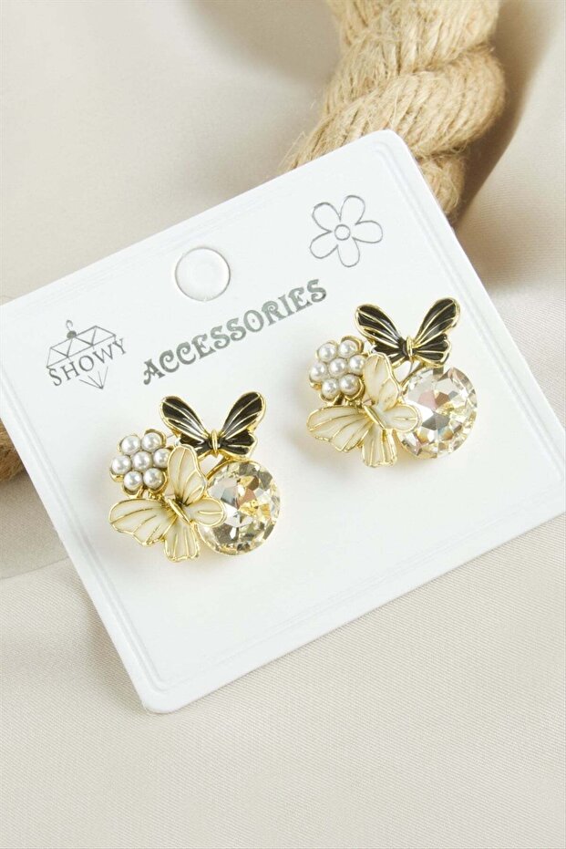 Butterfly Stone Pearl Enamel Earrings