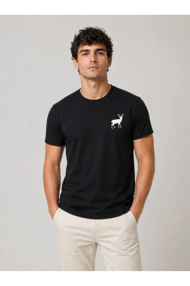 Men's Minimal Moose Logo T-Shirt Crew Neck Short Sleeve Summer T-Shirt - Black