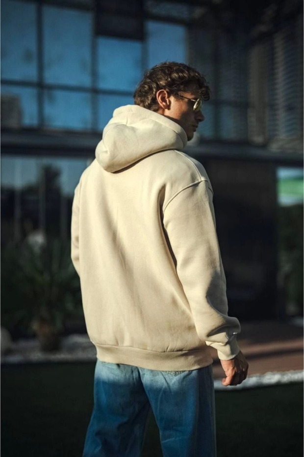 Three-thread combed cotton hooded basic sweatshirt - beige - 1