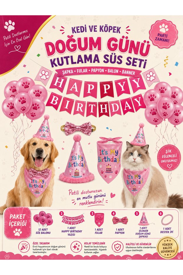 Cat and Dog Birthday Celebration Ornament Set Hat Scarf Bow Tie Balloon Banner Decoration Kit Pink