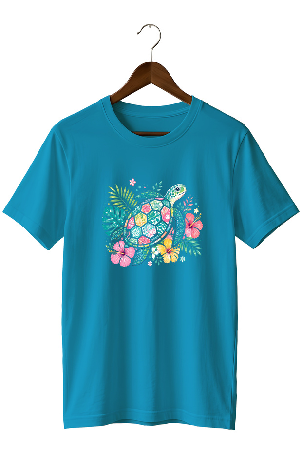 Sea Turtle Printed Unisex T-Shirt – Floral Tropical Nature Themed Crew Neck