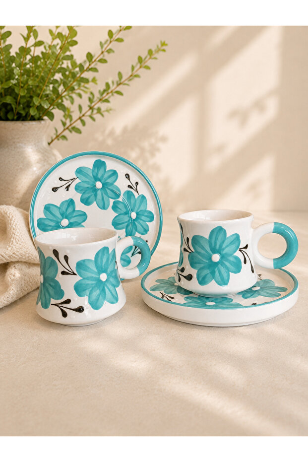Turquoise Flower Patterned Handmade Ceramic 2-Piece Coffee Cup Set