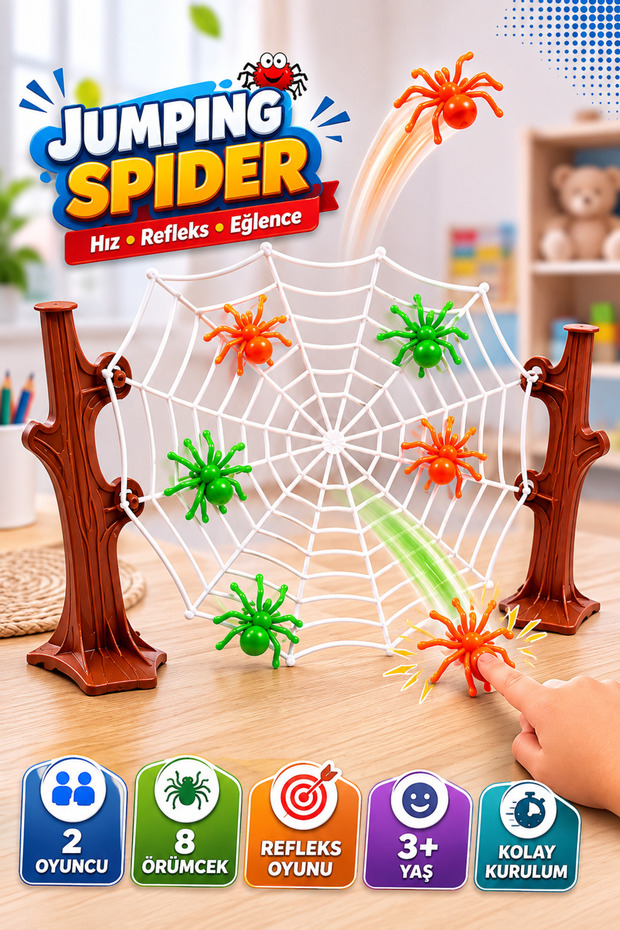 Jumping Spider Game – 2-Player Reflex and Skill Board Game, Educational Kids' Game with 8 Spiders, Ages 3+