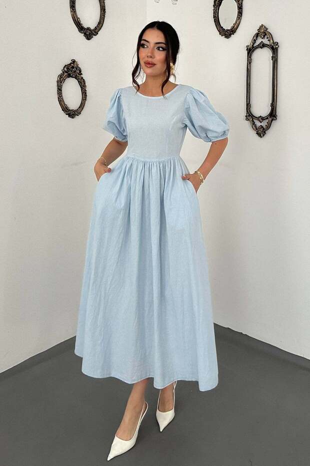Women's Blue Back Tie Detailed Balloon Sleeve Pocketed Drawstring Midi Dress