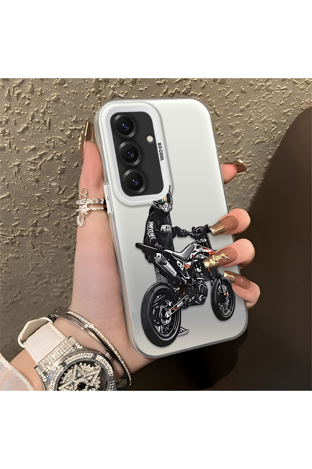 Samsung Galaxy S25 Compatible Helmeted Motorcyclist Drawing Printed Men's Style Phone Protective Case
