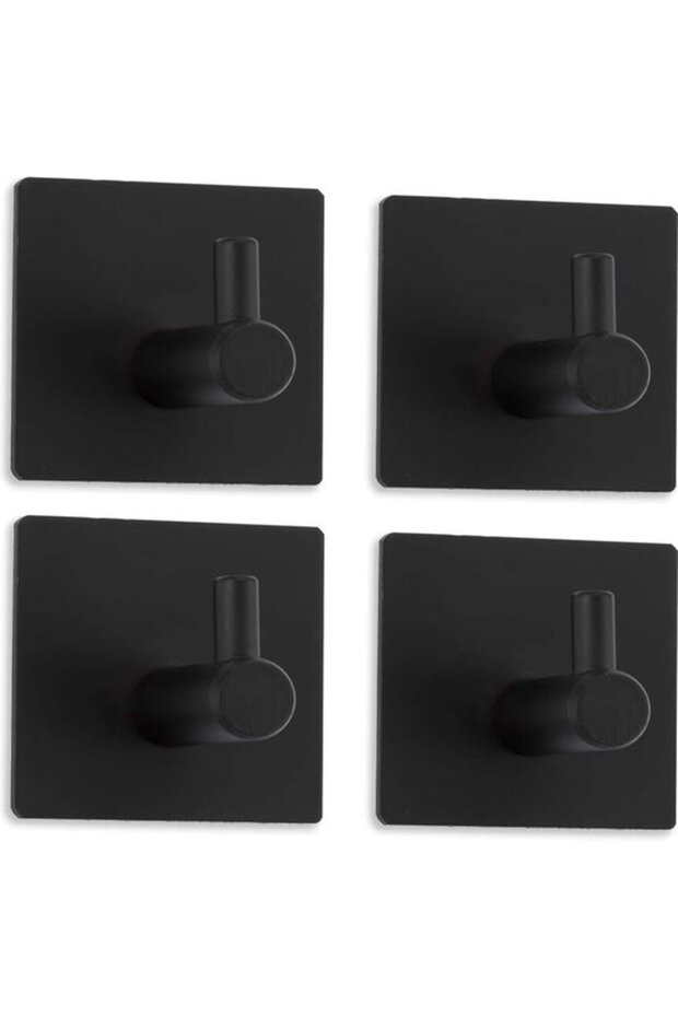 4-Piece Black 304 Stainless Steel Square Self-Adhesive Wall Towel Hooks - No Drilling Required