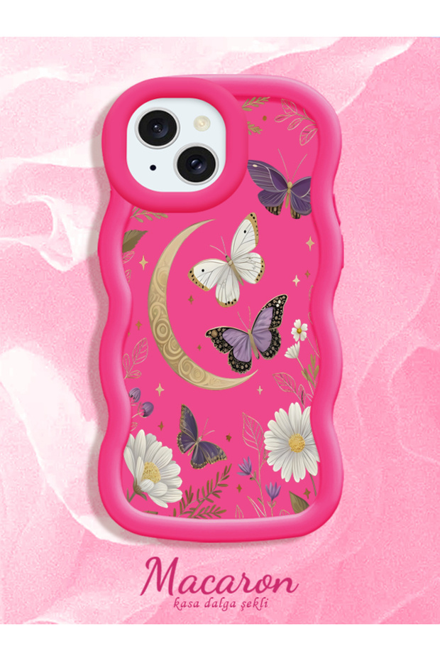 iPhone 13/14 Compatible Wavy Frame Moon Butterfly and Flower Pattern Silicone Phone Case