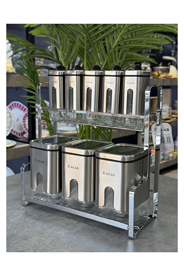 İnox Collection 9 Piece Spice Set with Metal Glass Stand Silver