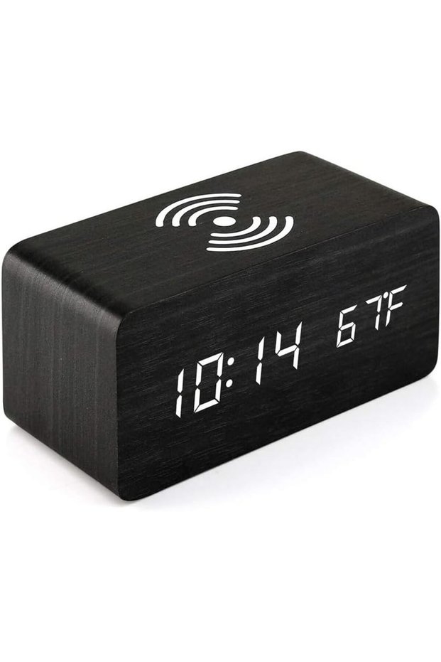Wooden Digital Alarm Clock Inductive Charger 5W Fast Charger Compatible with iPhone Samsung Galaxy Bedroom Home Office Black