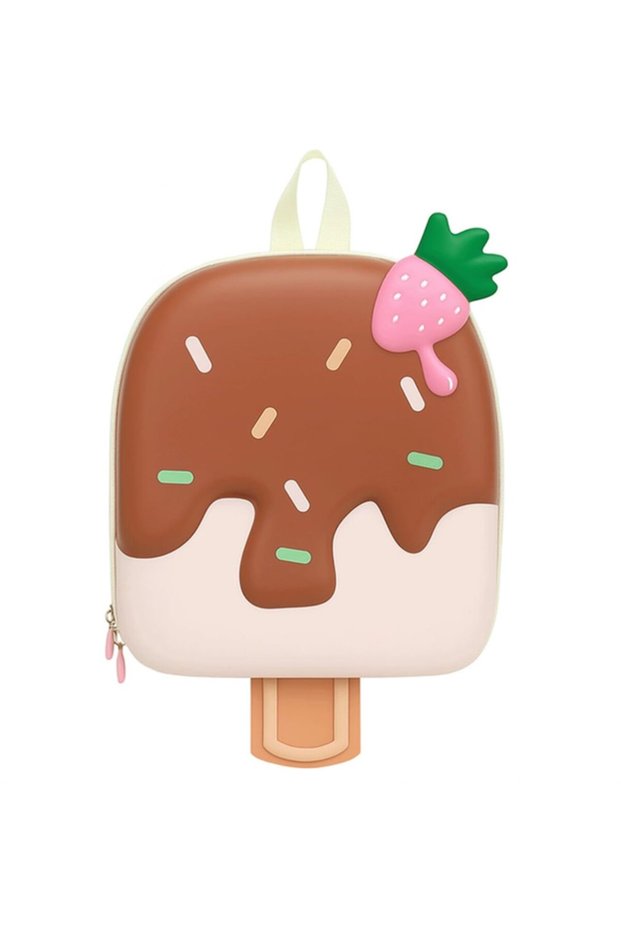 3D Strawberry Cartoon Ice Cream Backpack for Kids (brown, 24x28x10cm), Oxford cloth travel bag.