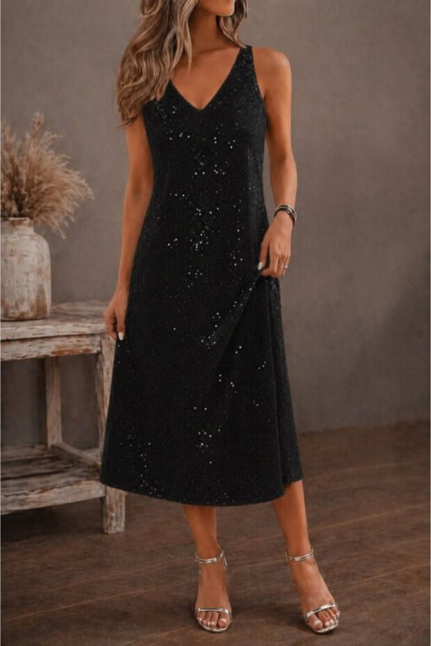 Women's Strappy V-Neck Sequined Midi Dress